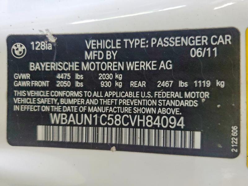 2012 Bmw 128 მანქანა იყიდება აუქციონზე, vin: WBAUN1C58CVH84094, აუქციონის ნომერი: 64447696