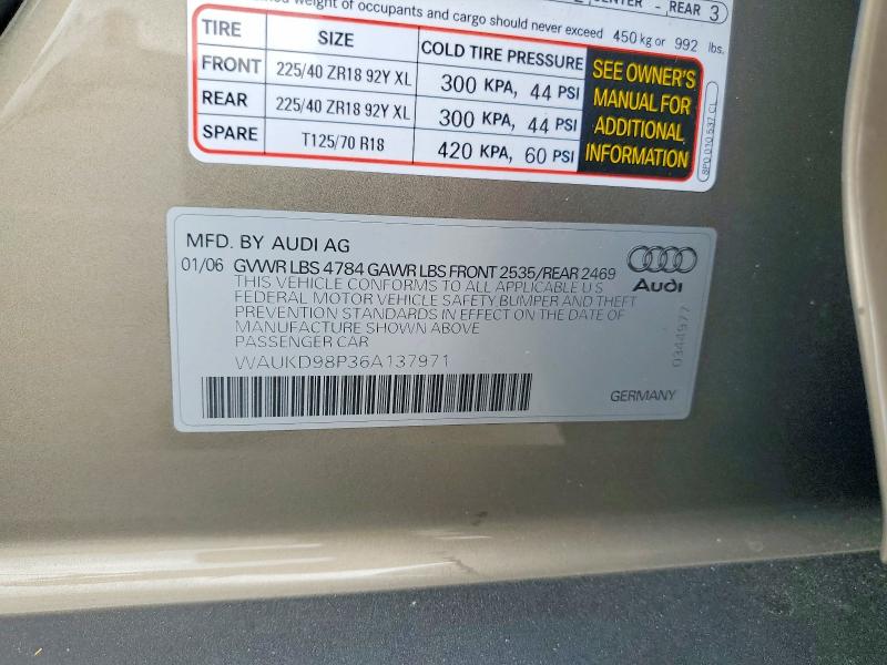 65228836 :رقم المزاد ، WAUKD98P36A137971 vin ، 2006 Audi A3 مزاد بيع