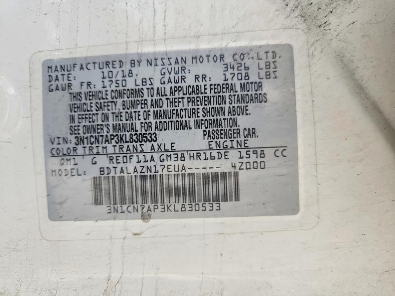 64568016 :رقم المزاد ، 3N1CN7AP3KL830533 vin ، 2019 Nissan Versa مزاد بيع