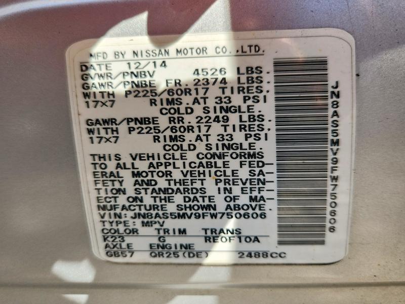 66392126 :رقم المزاد ، JN8AS5MV9FW750606 vin ، 2015 Nissan Rogue مزاد بيع