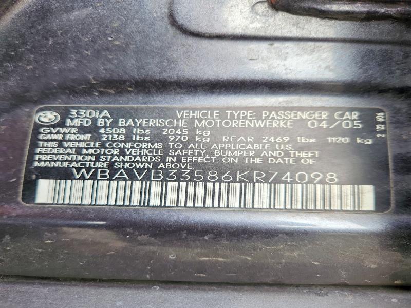 2006 Bmw 330 მანქანა იყიდება აუქციონზე, vin: WBAVB33586KR74098, აუქციონის ნომერი: 65195246