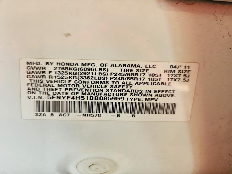 64796366 :رقم المزاد ، 5FNYF4H51BB085959 vin ، 2011 Honda Pilot مزاد بيع
