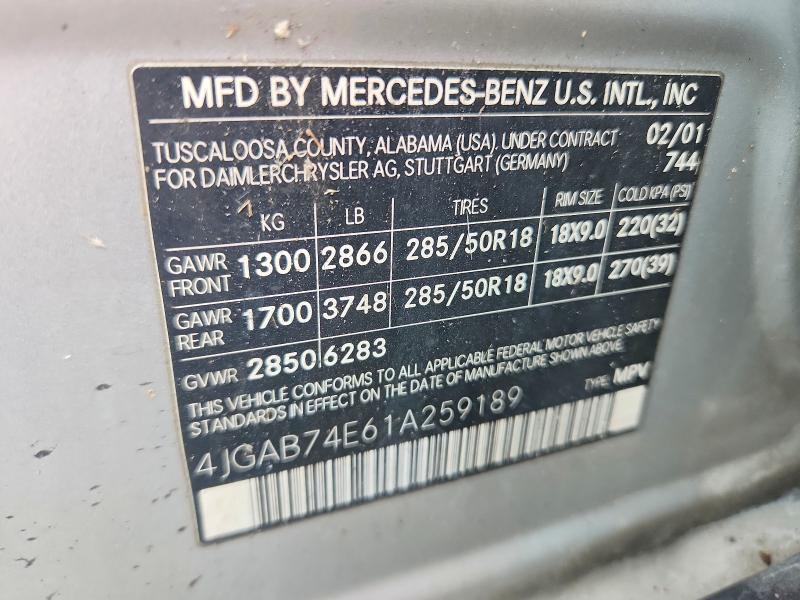 2001 Mercedes-benz Ml მანქანა იყიდება აუქციონზე, vin: 4JGAB74E61A259189, აუქციონის ნომერი: 64076386