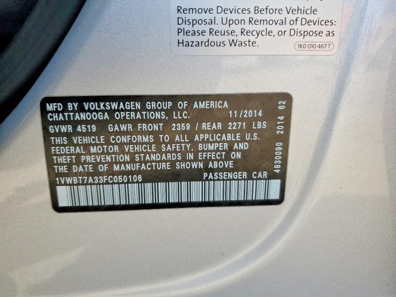 Aukcja sprzedaży 2015 Volkswagen Passat, vin: 1VWBT7A33FC050106, numer aukcji: 65150356