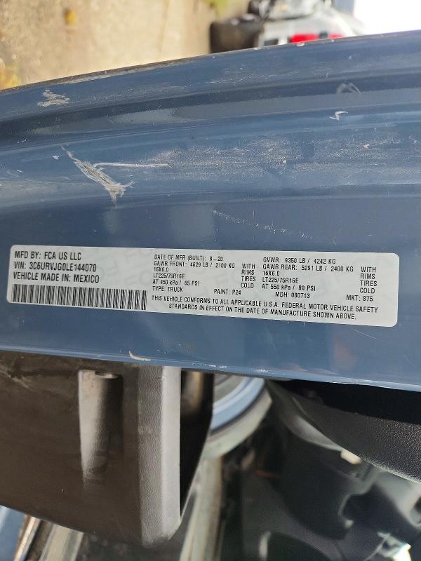64186126 :رقم المزاد ، 3C6URVJG0LE144070 vin ، 2020 Ram Promaster 3500 مزاد بيع