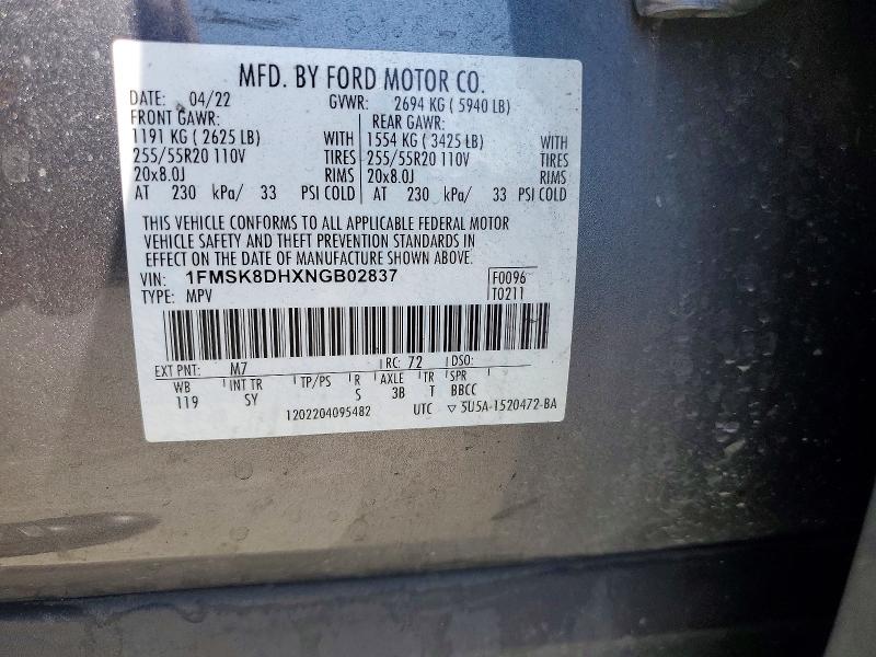 63733756 :رقم المزاد ، 1FMSK8DHXNGB02837 vin ، 2022 Ford Explorer مزاد بيع