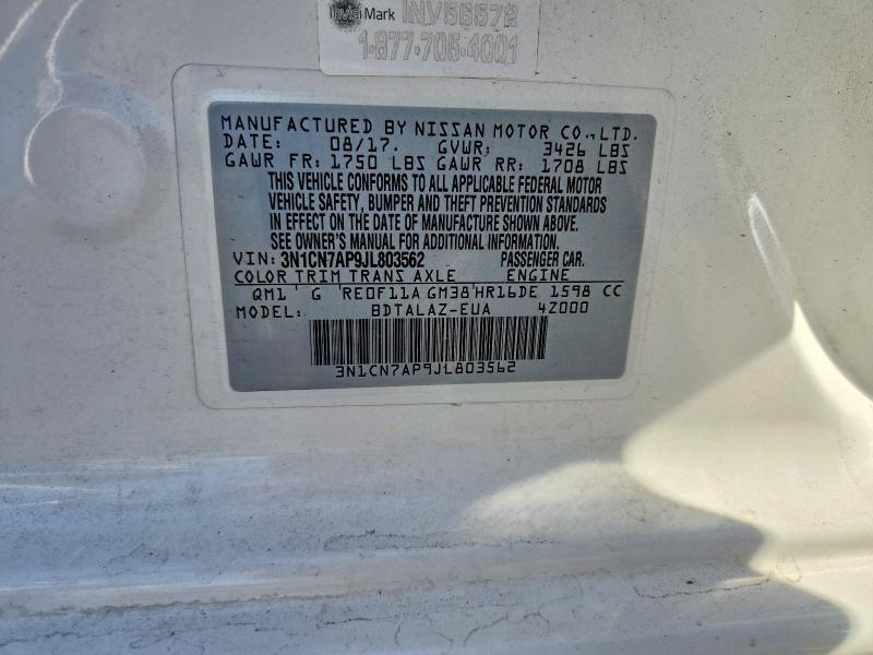 2018 Nissan Versa მანქანა იყიდება აუქციონზე, vin: 3N1CN7AP9JL803562, აუქციონის ნომერი: 63203776