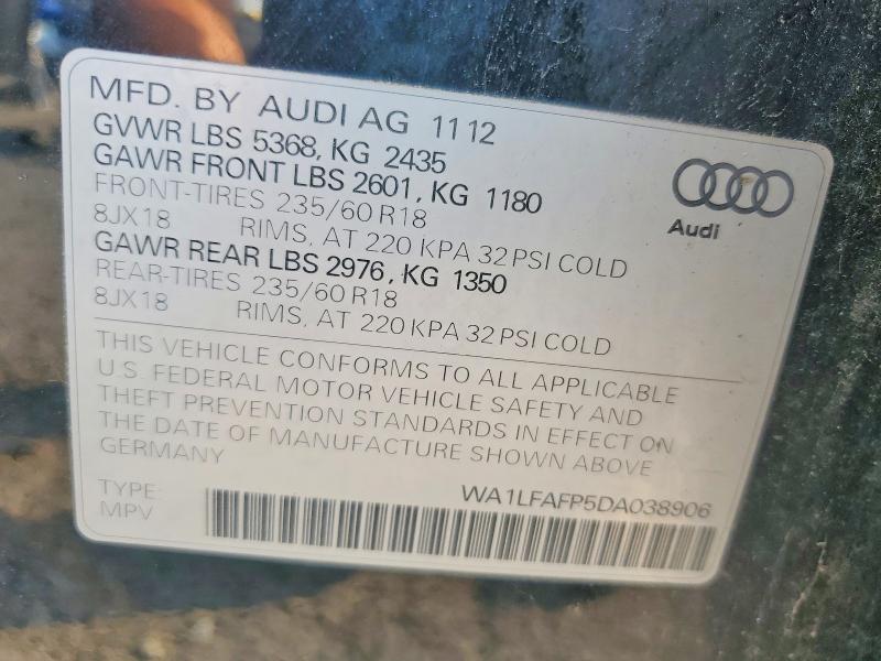 2013 Audi Q5 მანქანა იყიდება აუქციონზე, vin: WA1LFAFP5DA038906, აუქციონის ნომერი: 64722336