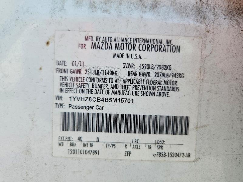 2011 Mazda 6 მანქანა იყიდება აუქციონზე, vin: 1YVHZ8CB4B5M15701, აუქციონის ნომერი: 63780556