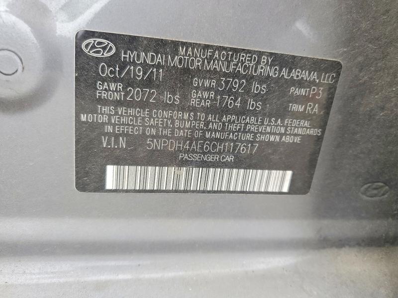 65808596 :رقم المزاد ، 5NPDH4AE6CH117617 vin ، 2012 Hyundai Elantra مزاد بيع