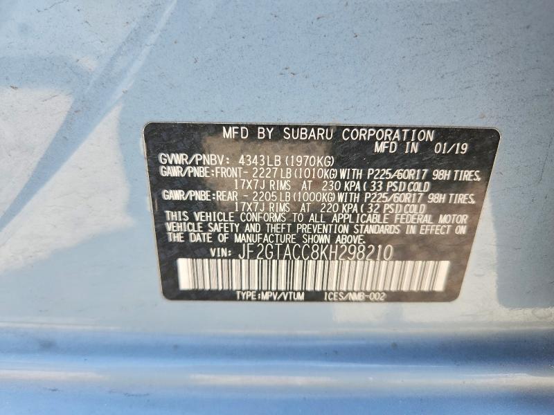 66076236 :رقم المزاد ، JF2GTACC8KH298210 vin ، 2019 Subaru Crosstrek مزاد بيع