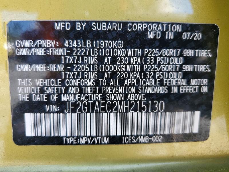 Aukcja sprzedaży 2021 Subaru Crosstrek, vin: JF2GTAEC2MH215130, numer aukcji: 66184156