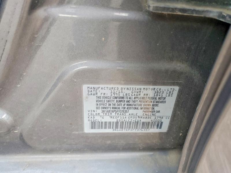 2015 Nissan Sentra მანქანა იყიდება აუქციონზე, vin: 3N1AB7AP5FY376357, აუქციონის ნომერი: 65213646