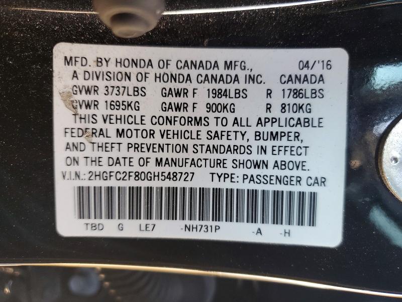 Aukcja sprzedaży 2016 Honda Civic, vin: 2HGFC2F80GH548727, numer aukcji: 66307746