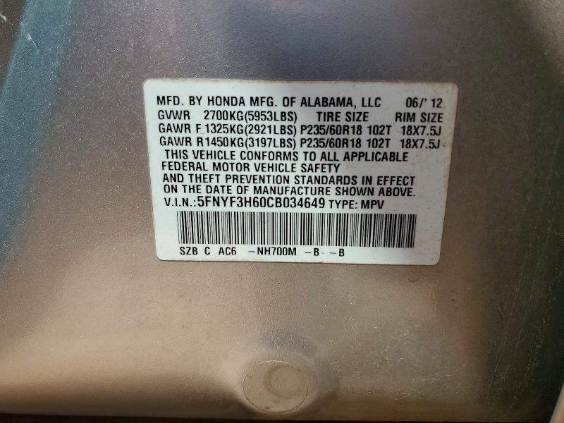 Aukcja sprzedaży 2012 Honda Pilot, vin: 5FNYF3H60CB034649, numer aukcji: 64766526