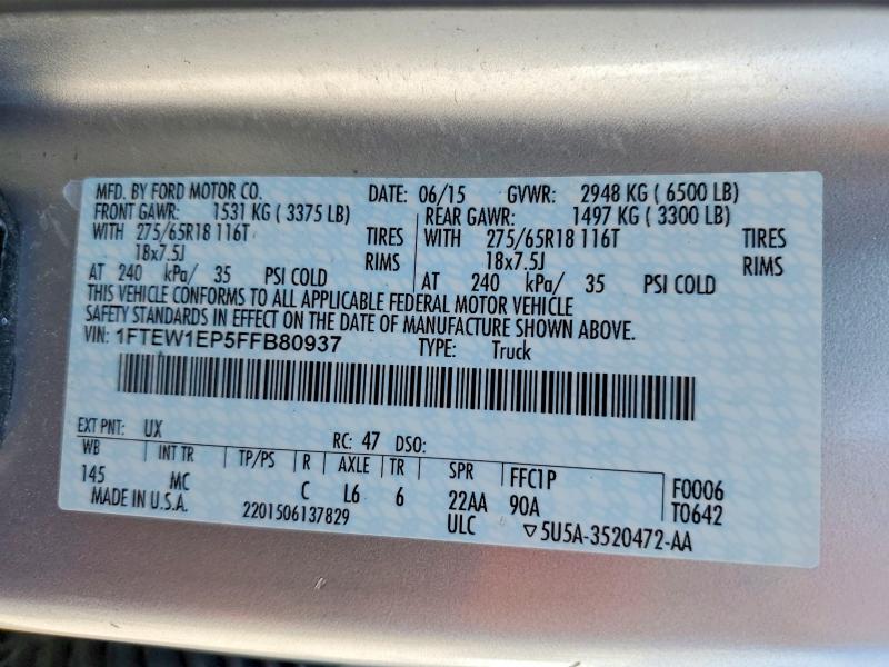 2015 Ford F150 მანქანა იყიდება აუქციონზე, vin: 1FTEW1EP5FFB80937, აუქციონის ნომერი: 66444886