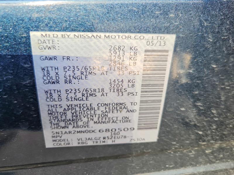 64141236 :رقم المزاد ، 5N1AR2MN0DC680509 vin ، 2013 Nissan Pathfinder مزاد بيع