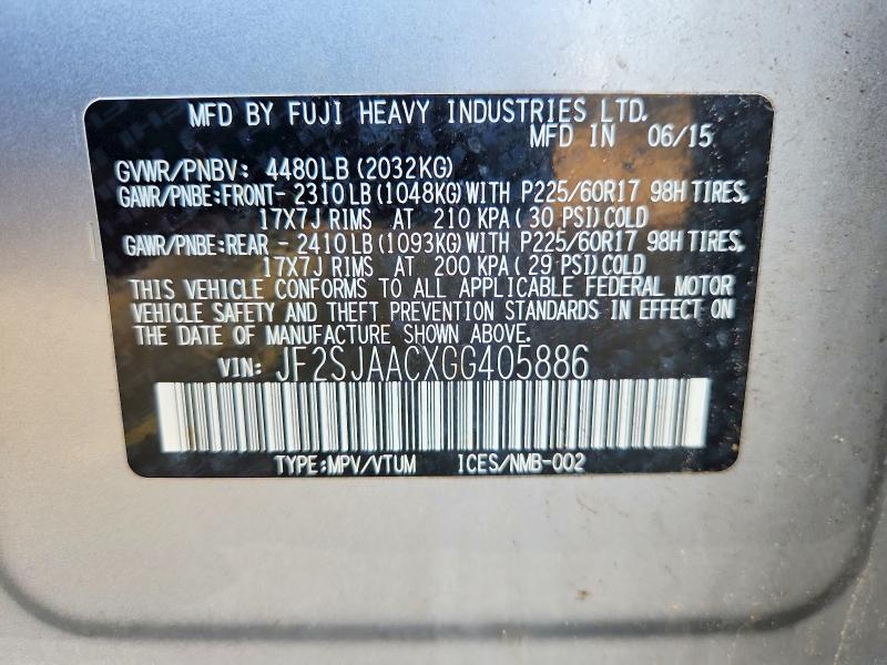 2016 Subaru Forester მანქანა იყიდება აუქციონზე, vin: JF2SJAACXGG405886, აუქციონის ნომერი: 64005406