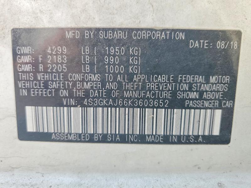 2019 Subaru Impreza მანქანა იყიდება აუქციონზე, vin: 4S3GKAJ66K3603652, აუქციონის ნომერი: 65028276