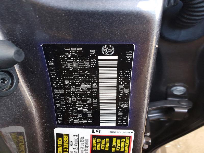 2020 Toyota Camry მანქანა იყიდება აუქციონზე, vin: 4T1C11AK8LU942774, აუქციონის ნომერი: 65640496