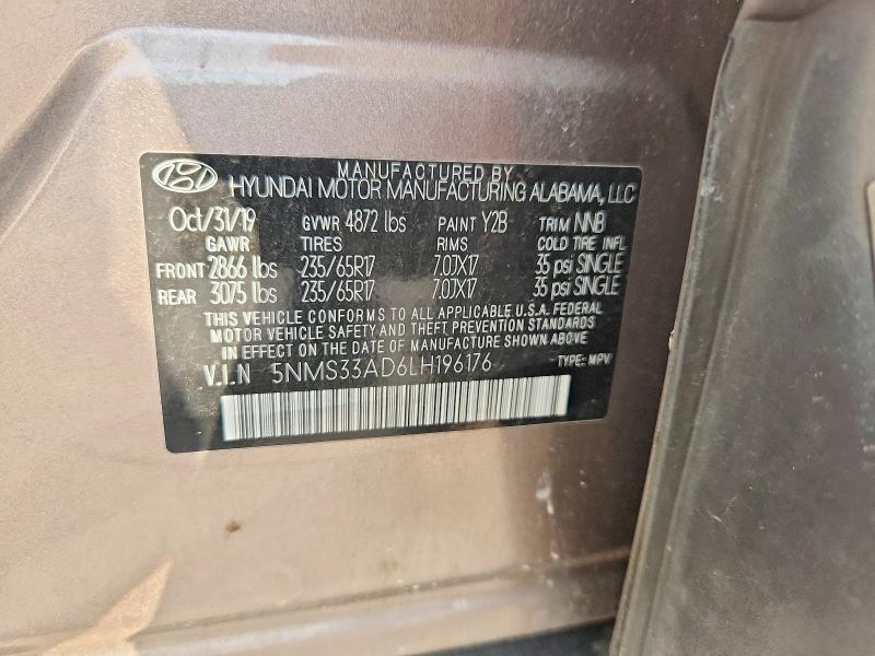 2020 Hyundai Santa Fe მანქანა იყიდება აუქციონზე, vin: 5NMS33AD6LH196176, აუქციონის ნომერი: 64902526