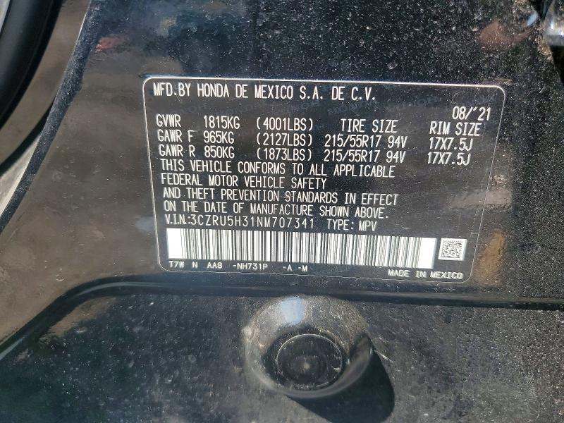 61453536 :رقم المزاد ، 3CZRU5H31NM707341 vin ، 2022 Honda Hr-v مزاد بيع