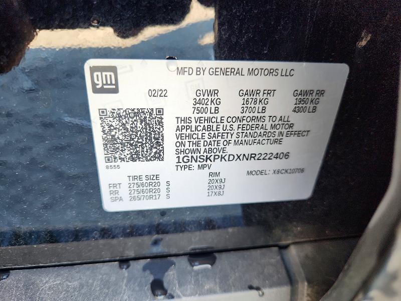 2022 Chevrolet Tahoe მანქანა იყიდება აუქციონზე, vin: 1GNSKPKDXNR222406, აუქციონის ნომერი: 65803796