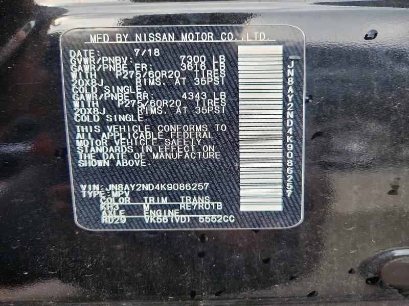 2019 Nissan Armada მანქანა იყიდება აუქციონზე, vin: JN8AY2ND4K9086257, აუქციონის ნომერი: 65848076