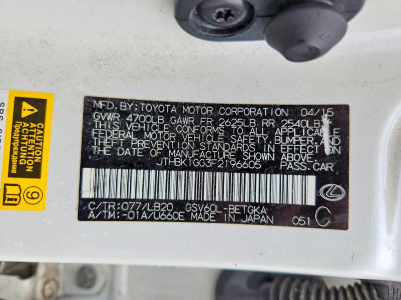 63225776 :رقم المزاد ، JTHBK1GG3F2196605 vin ، 2015 Lexus Es مزاد بيع