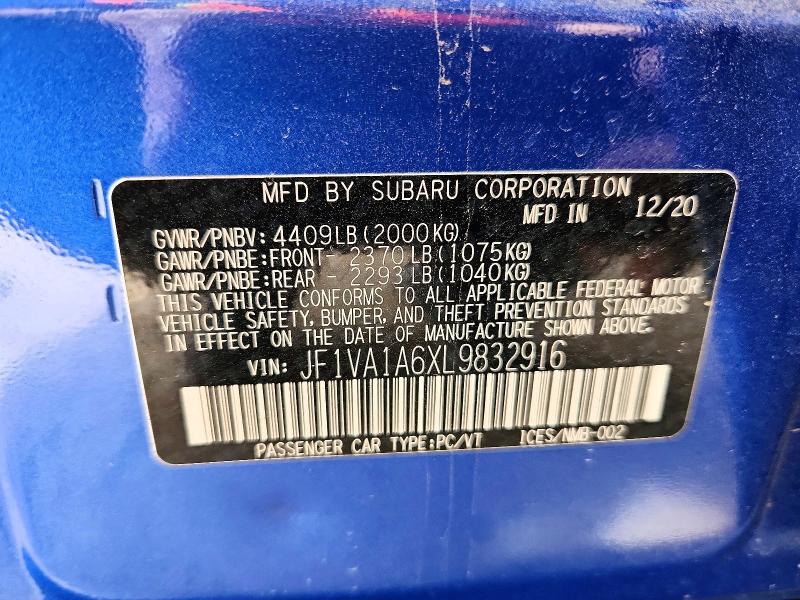 Aukcja sprzedaży 2020 Subaru Wrx, vin: JF1VA1A6XL9832916, numer aukcji: 64674346