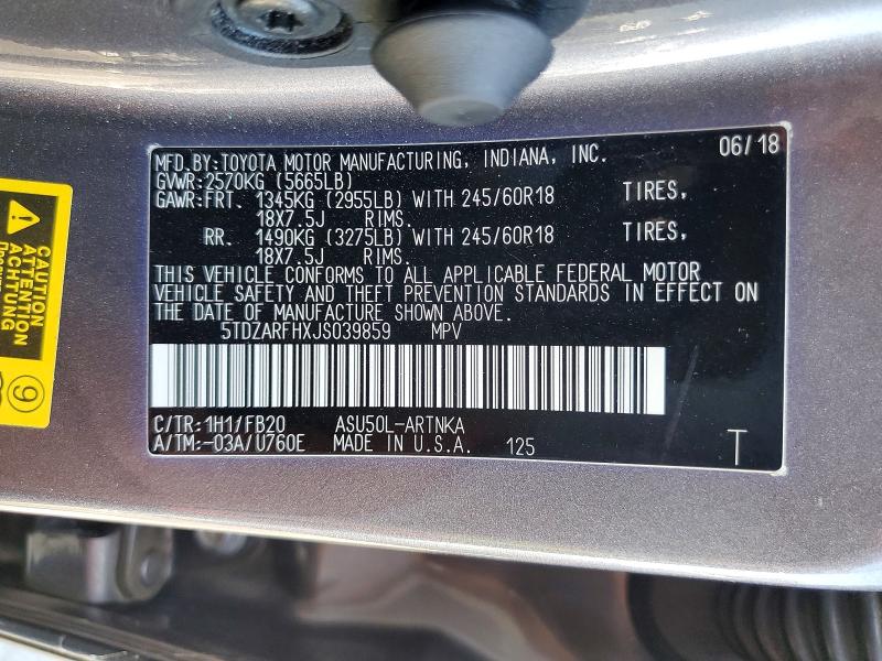 66143416 :رقم المزاد ، 5TDZARFHXJS039859 vin ، 2018 Toyota Highlander مزاد بيع