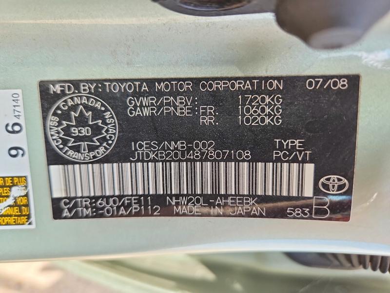 Aukcja sprzedaży 2008 Toyota Prius, vin: JTDKB20U487807108, numer aukcji: 67310706
