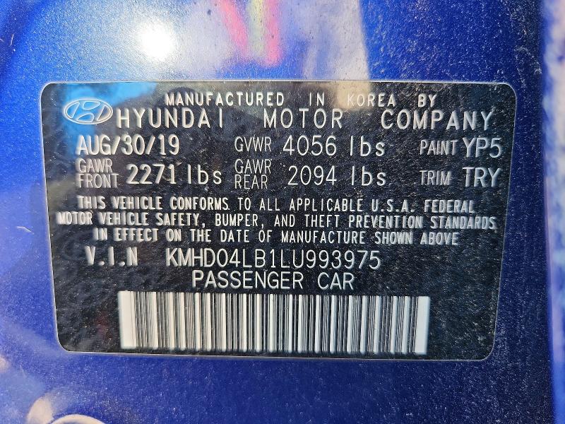 2020 Hyundai Elantra მანქანა იყიდება აუქციონზე, vin: KMHD04LB1LU993975, აუქციონის ნომერი: 65885326