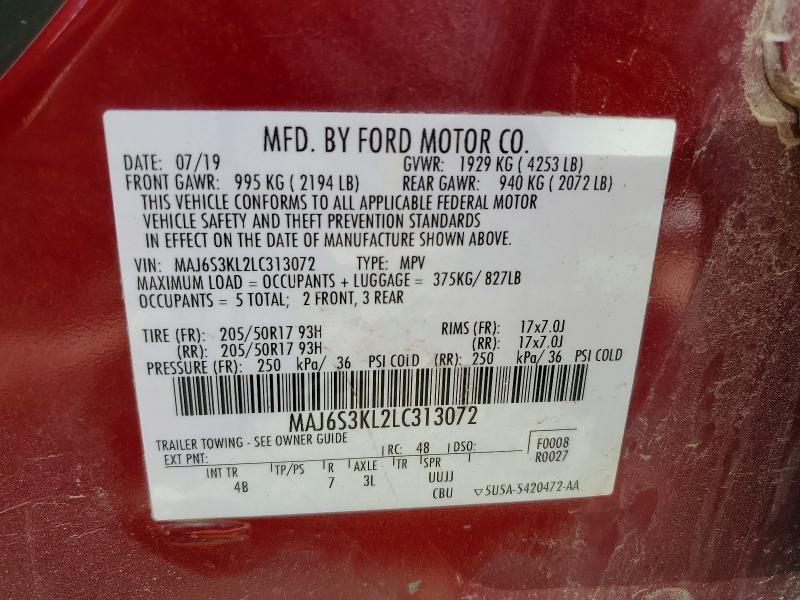 2020 Ford Ecosport მანქანა იყიდება აუქციონზე, vin: MAJ6S3KL2LC313072, აუქციონის ნომერი: 65309286