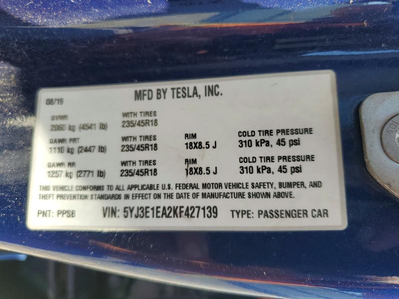 2019 Tesla Model 3 მანქანა იყიდება აუქციონზე, vin: 5YJ3E1EA2KF427139, აუქციონის ნომერი: 63909476