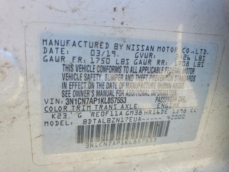Aukcja sprzedaży 2019 Nissan Versa, vin: 3N1CN7AP1KL857553, numer aukcji: 64302576
