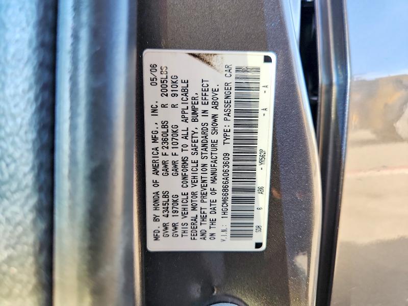 Aukcja sprzedaży 2006 Honda Accord, vin: 1HGCM66866A063609, numer aukcji: 65595226