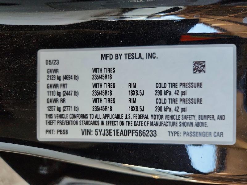 66232626 :رقم المزاد ، 5YJ3E1EA0PF586233 vin ، 2023 Tesla Model 3 مزاد بيع