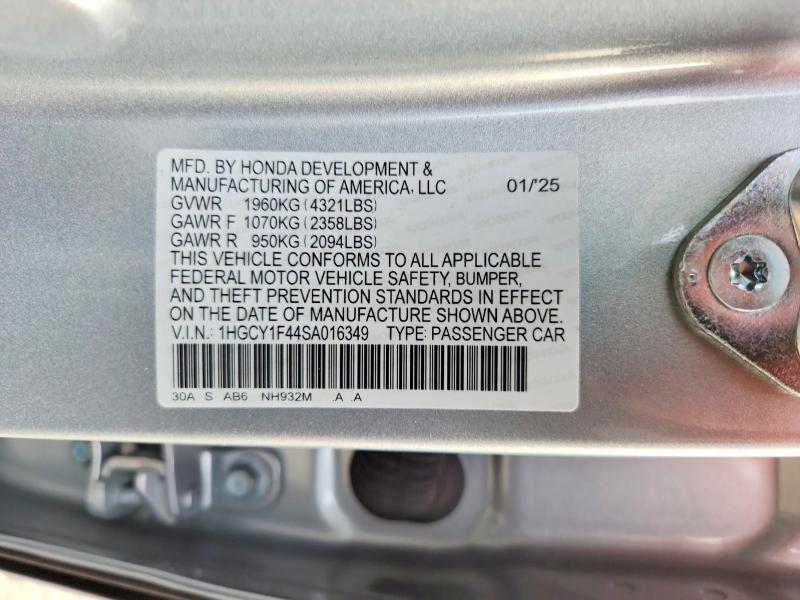 2025 Honda Accord მანქანა იყიდება აუქციონზე, vin: 1HGCY1F44SA016349, აუქციონის ნომერი: 64732526