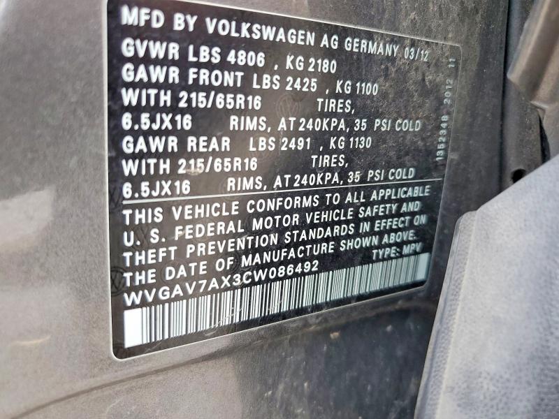 Aukcja sprzedaży 2012 Volkswagen Tiguan, vin: WVGAV7AX3CW086492, numer aukcji: 65139806