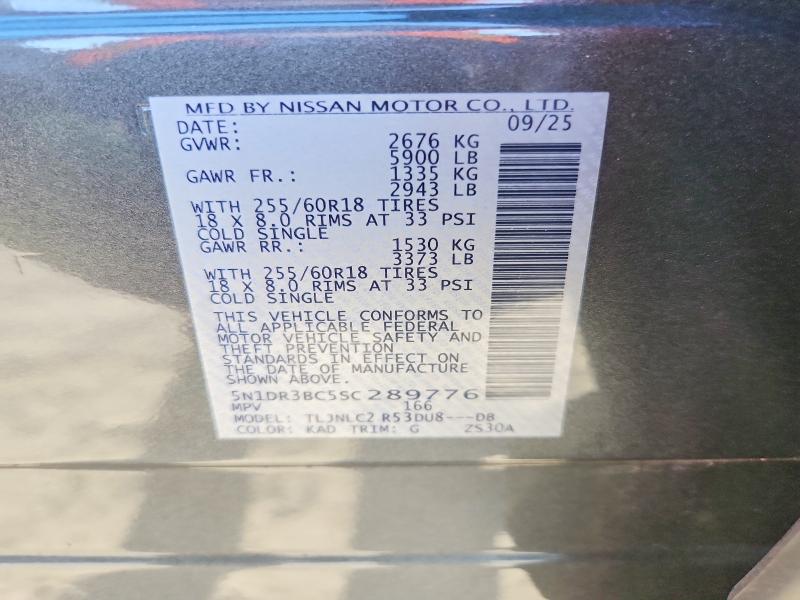 2025 Nissan Pathfinder მანქანა იყიდება აუქციონზე, vin: 5N1DR3BC5SC289776, აუქციონის ნომერი: 63756326