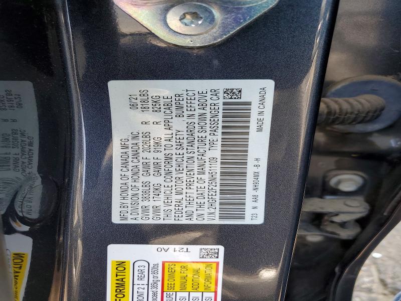 2022 Honda Civic მანქანა იყიდება აუქციონზე, vin: 2HGFE2F25NH511109, აუქციონის ნომერი: 62774726