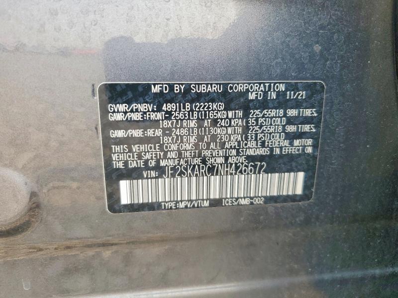 2022 Subaru Forester მანქანა იყიდება აუქციონზე, vin: JF2SKARC7NH426672, აუქციონის ნომერი: 63881736