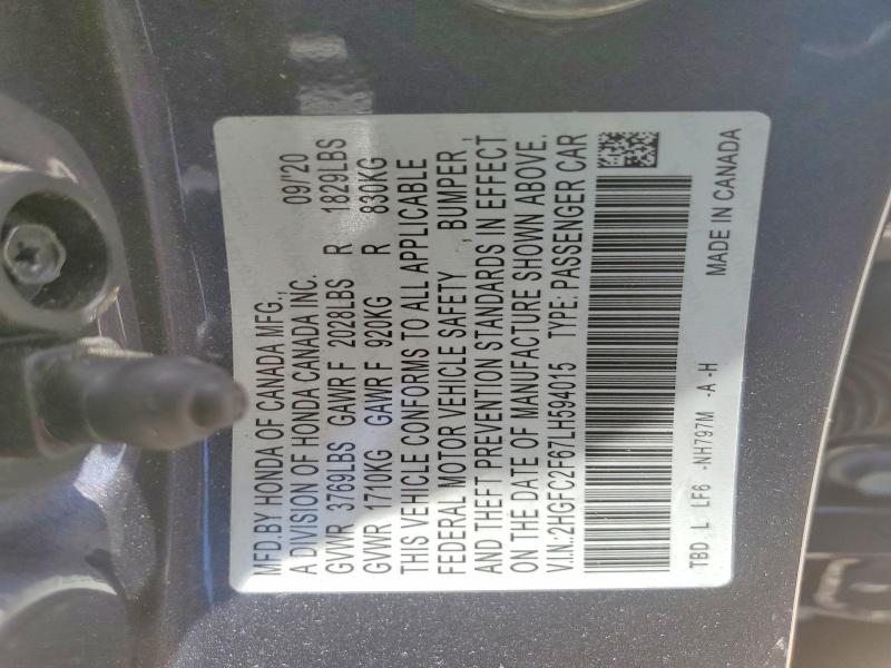 Продаж на аукціоні авто 2020 Honda Civic, vin: 2HGFC2F67LH594015, номер лоту: 66646086