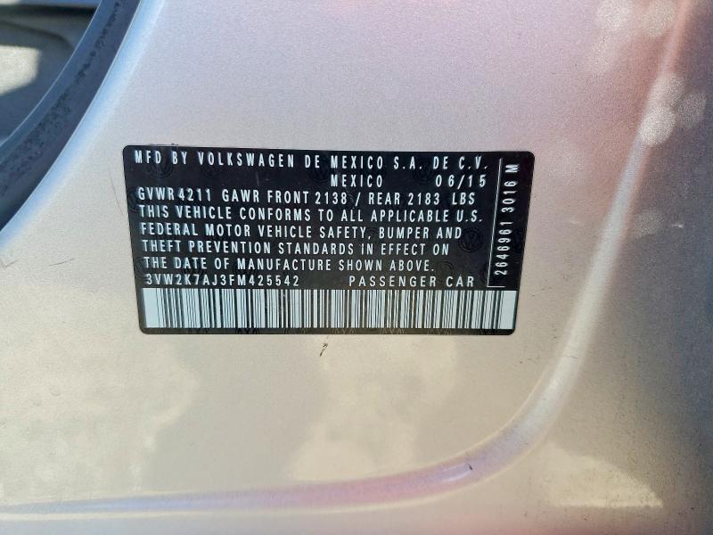 2015 Volkswagen Jetta მანქანა იყიდება აუქციონზე, vin: 3VW2K7AJ3FM425542, აუქციონის ნომერი: 67194646