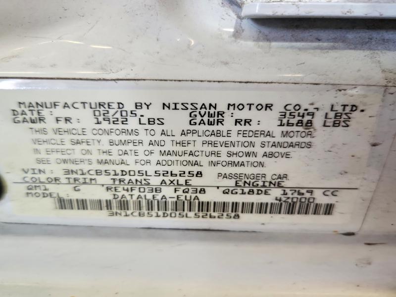 Aukcja sprzedaży 2005 Nissan Sentra, vin: 3N1CB51D05L526258, numer aukcji: 66951466