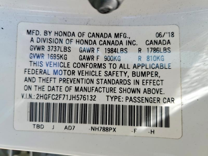 2018 Honda Civic მანქანა იყიდება აუქციონზე, vin: 2HGFC2F71JH576132, აუქციონის ნომერი: 64917626