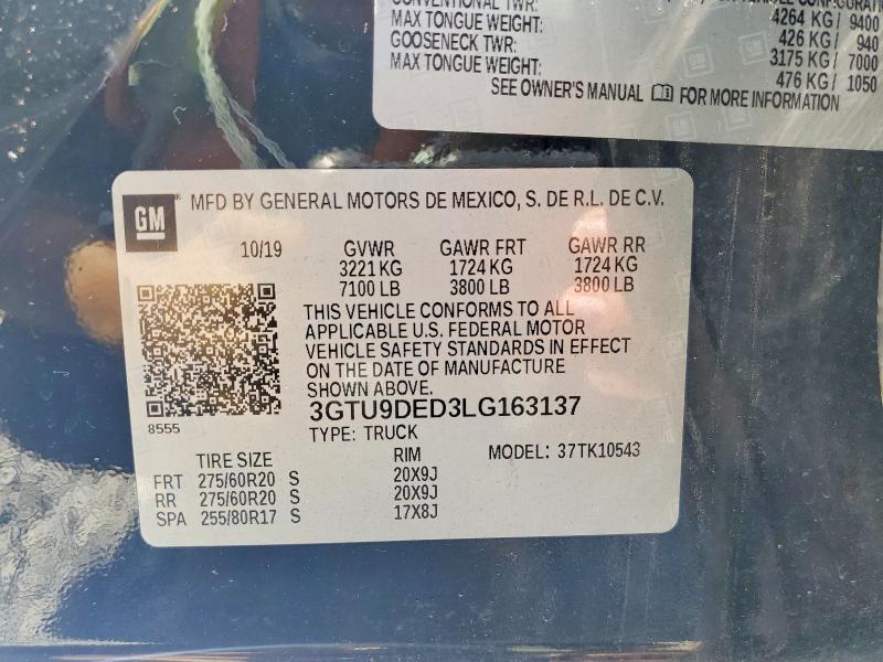 2020 Gmc Sierra მანქანა იყიდება აუქციონზე, vin: 3GTU9DED3LG163137, აუქციონის ნომერი: 63678636