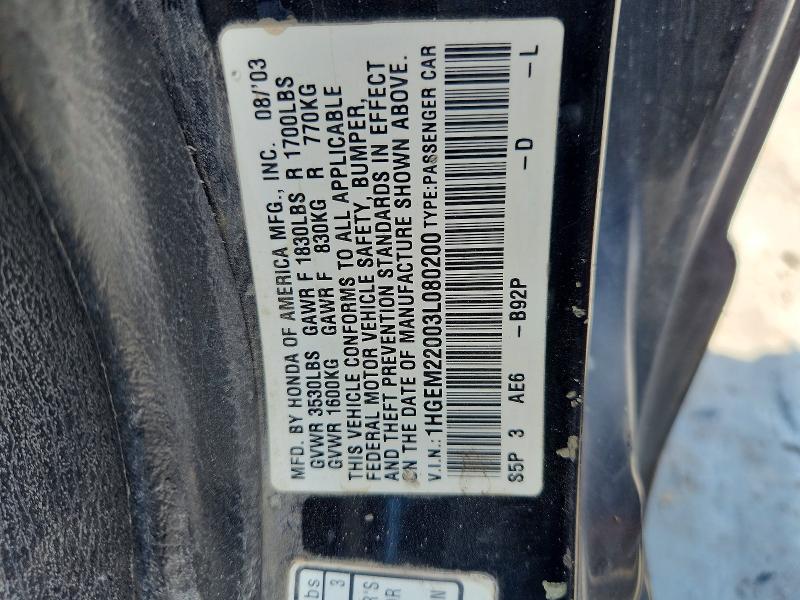 67122026 :رقم المزاد ، 1HGEM22003L080200 vin ، 2003 Honda Civic مزاد بيع