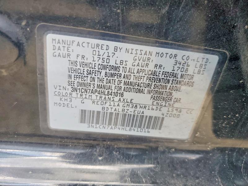2017 Nissan Versa მანქანა იყიდება აუქციონზე, vin: 3N1CN7AP4HL841016, აუქციონის ნომერი: 66195526